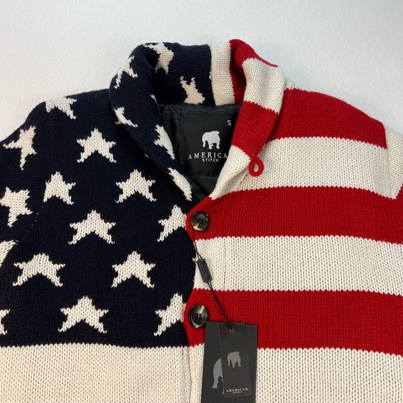 American Stitch Mens Cardigan Sweater Jacket American Flag Stars Shawl Collar S - Picture 2 of 16